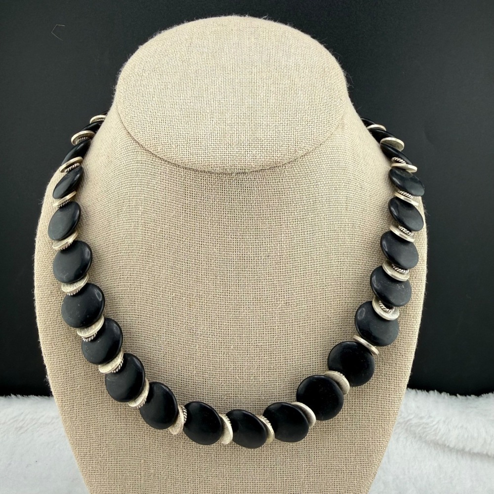 Vintage Saki Necklace Black Beaded Toggle Statement Chunky 19" READ